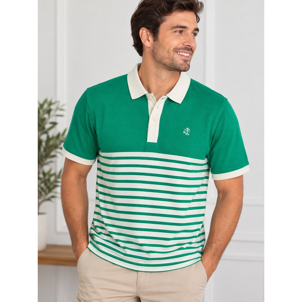 Brooks Brothers Polo Shirt Womens L Green Excellent Striped Short Sleeve Cotton